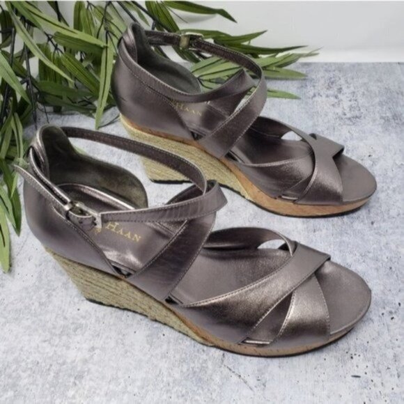 Cole Haan | Gunmetal Gray Silver Espadrille Wedge Sandals - Picture 7 of 10